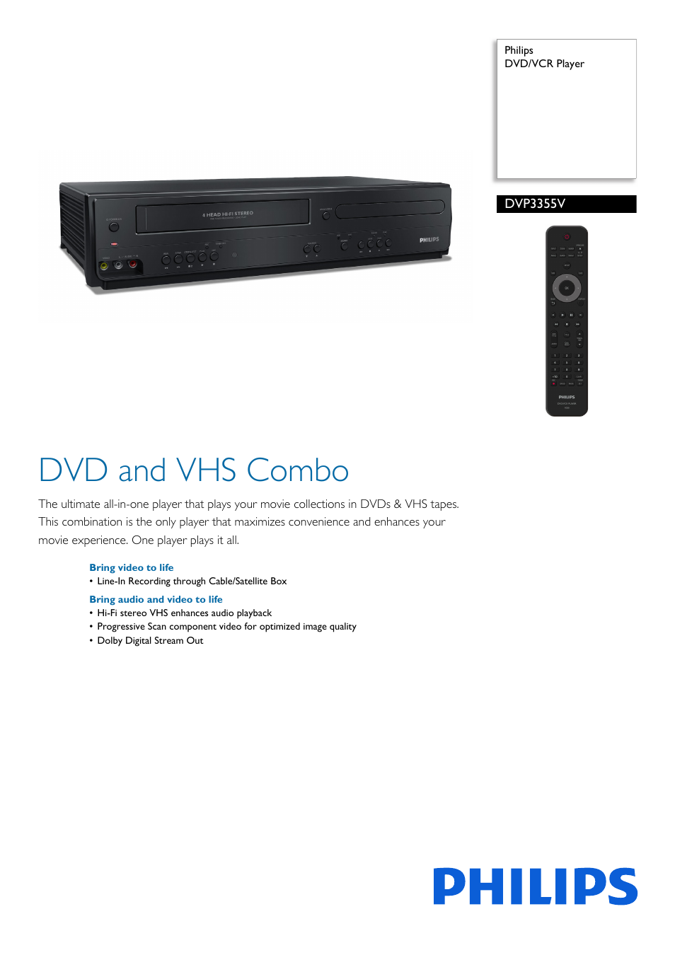 Philips DVD-VCR Player DVP3355V User Manual | 2 pages