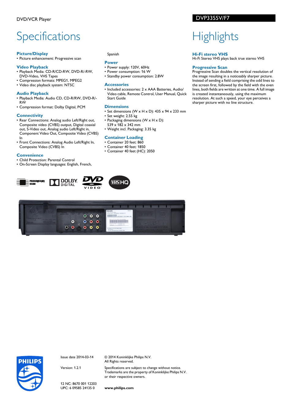 Specifications, Highlights | Philips DVD-VCR Player DVP3355V User Manual | Page 2 / 2