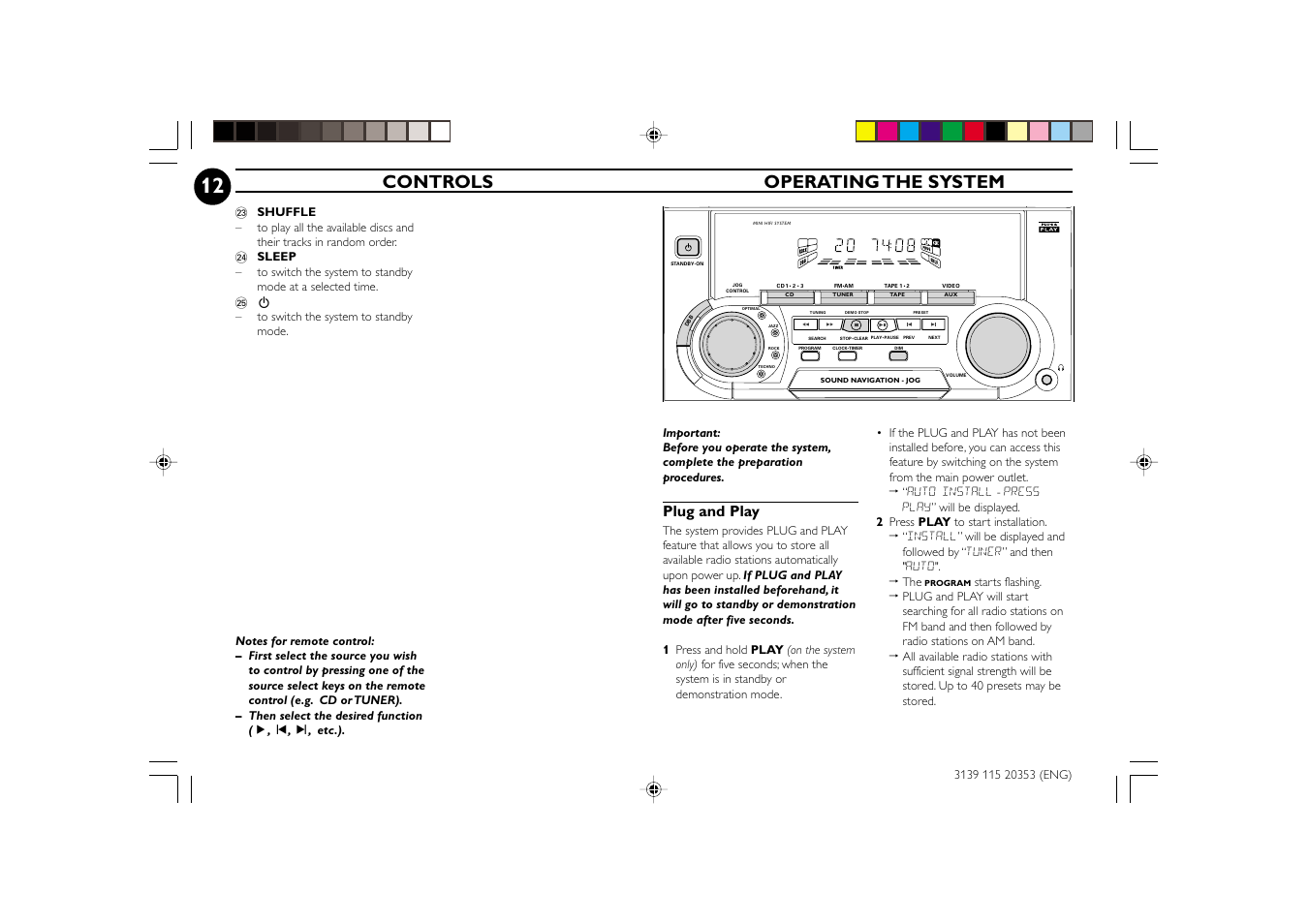 Controls operating the system, Plug and play | Philips FWC250 User Manual | Page 12 / 28