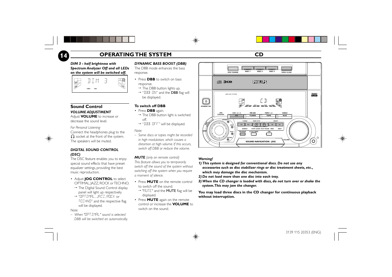 Operating the system cd, Sound control | Philips FWC250 User Manual | Page 14 / 28