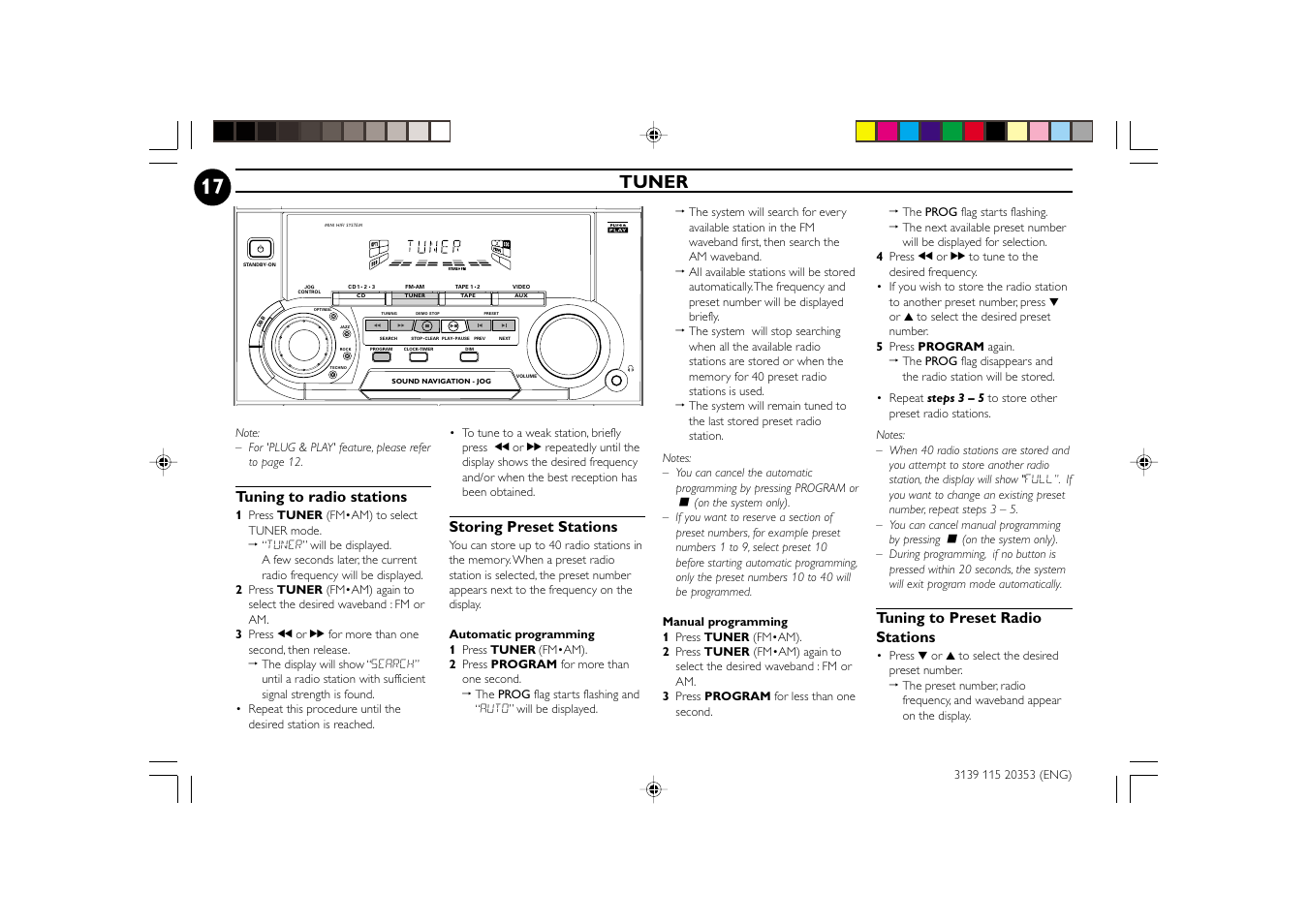 Tuner, Tuning to radio stations, Storing preset stations | Tuning to preset radio stations | Philips FWC250 User Manual | Page 17 / 28