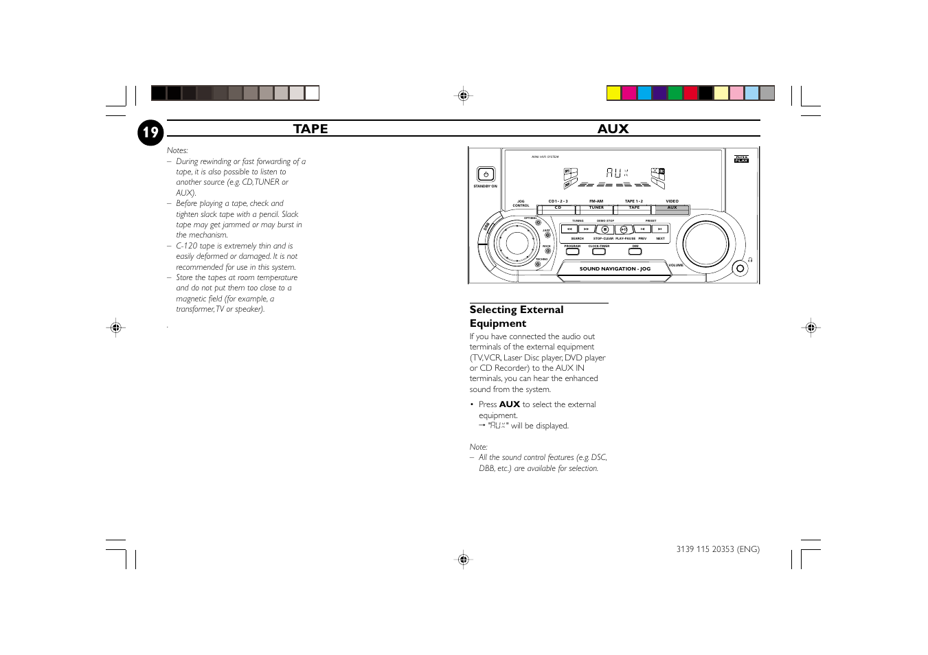 Tape aux, Selecting external equipment | Philips FWC250 User Manual | Page 19 / 28
