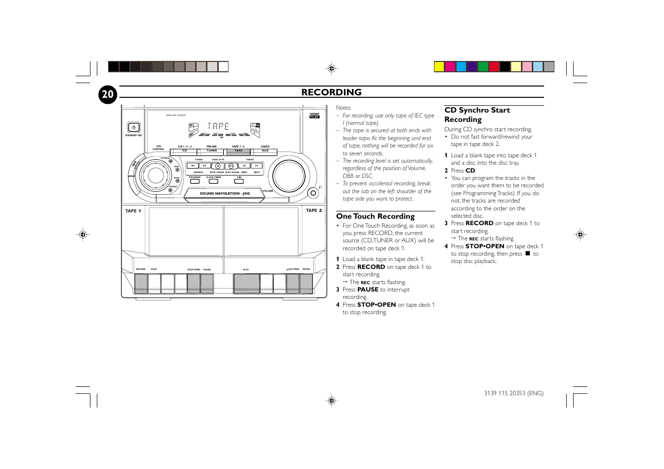 Recording, One touch recording, Cd synchro start recording | Philips FWC250 User Manual | Page 20 / 28