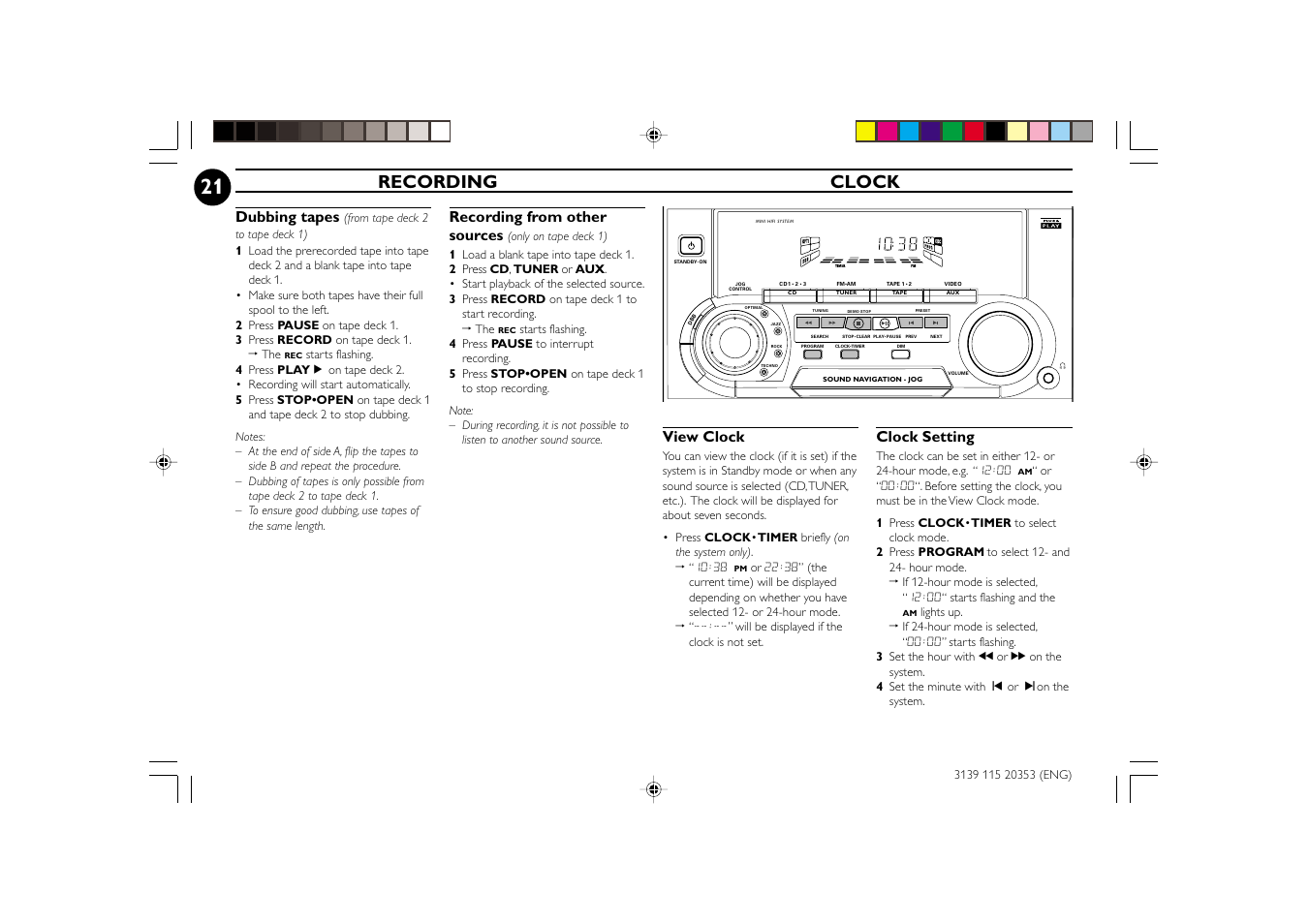 Recording clock, Dubbing tapes, View clock | Clock setting, Recording from other sources | Philips FWC250 User Manual | Page 21 / 28