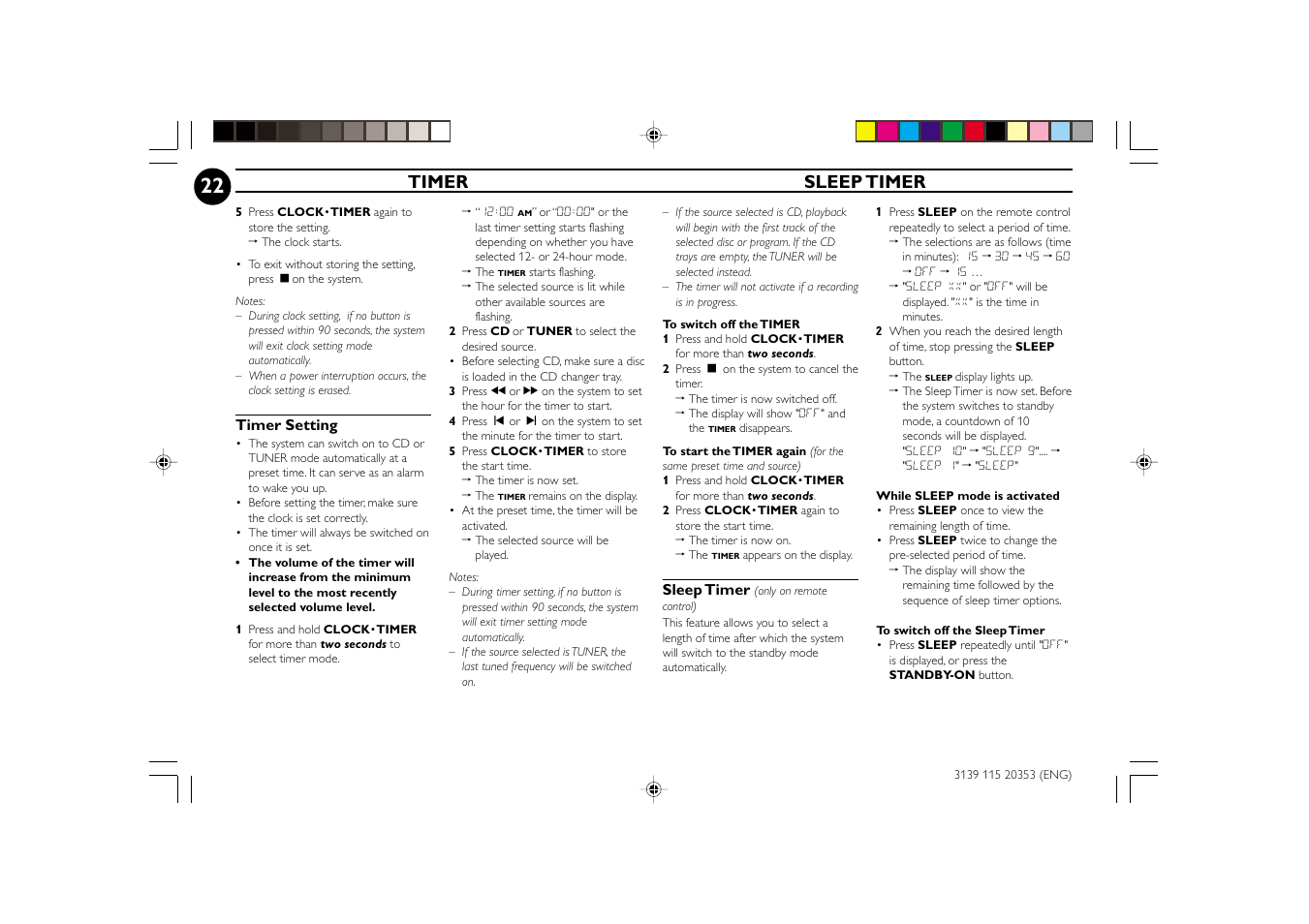 Timer sleep timer | Philips FWC250 User Manual | Page 22 / 28