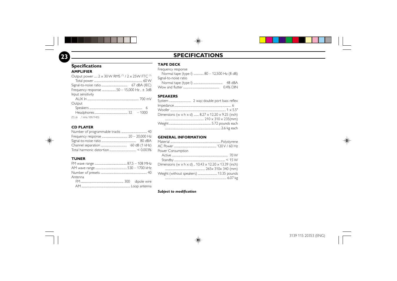 Specifications | Philips FWC250 User Manual | Page 23 / 28