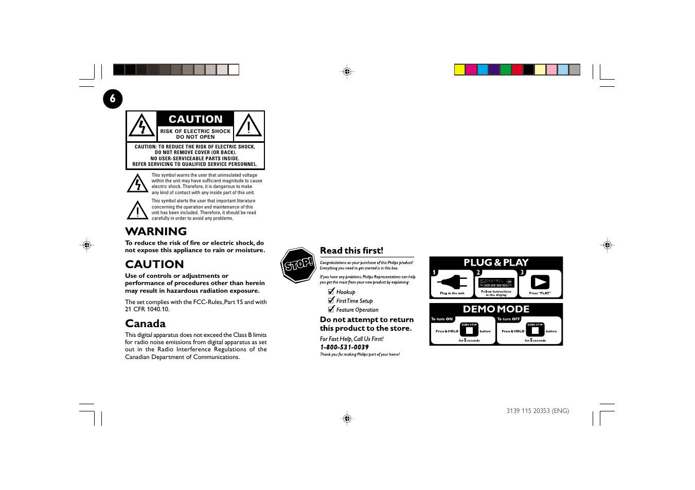 Warning, Canada, Caution | Philips FWC250 User Manual | Page 6 / 28