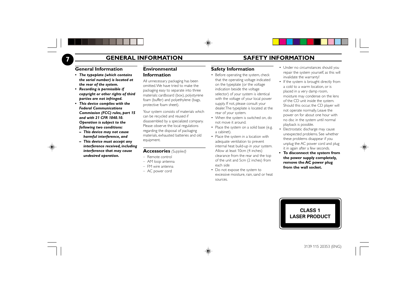 General information safety information | Philips FWC250 User Manual | Page 7 / 28