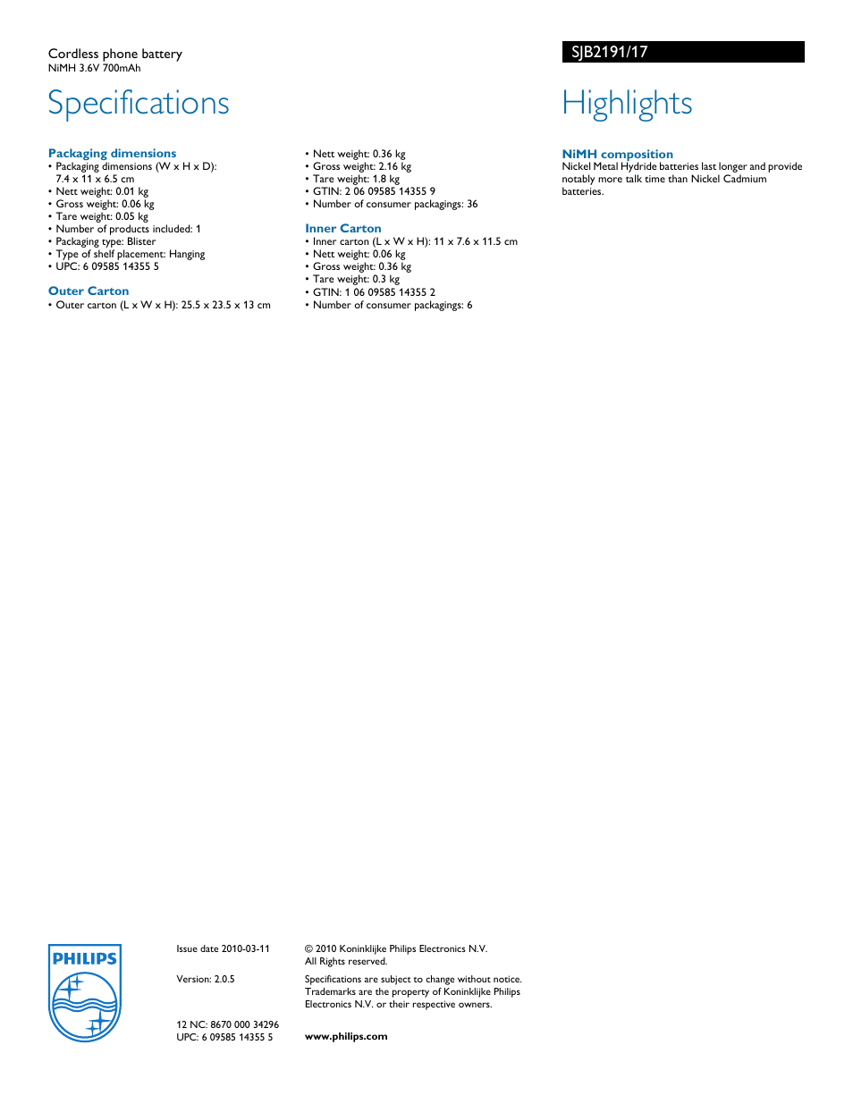 Specifications, Highlights | Philips SJB2191-17 User Manual | Page 2 / 2