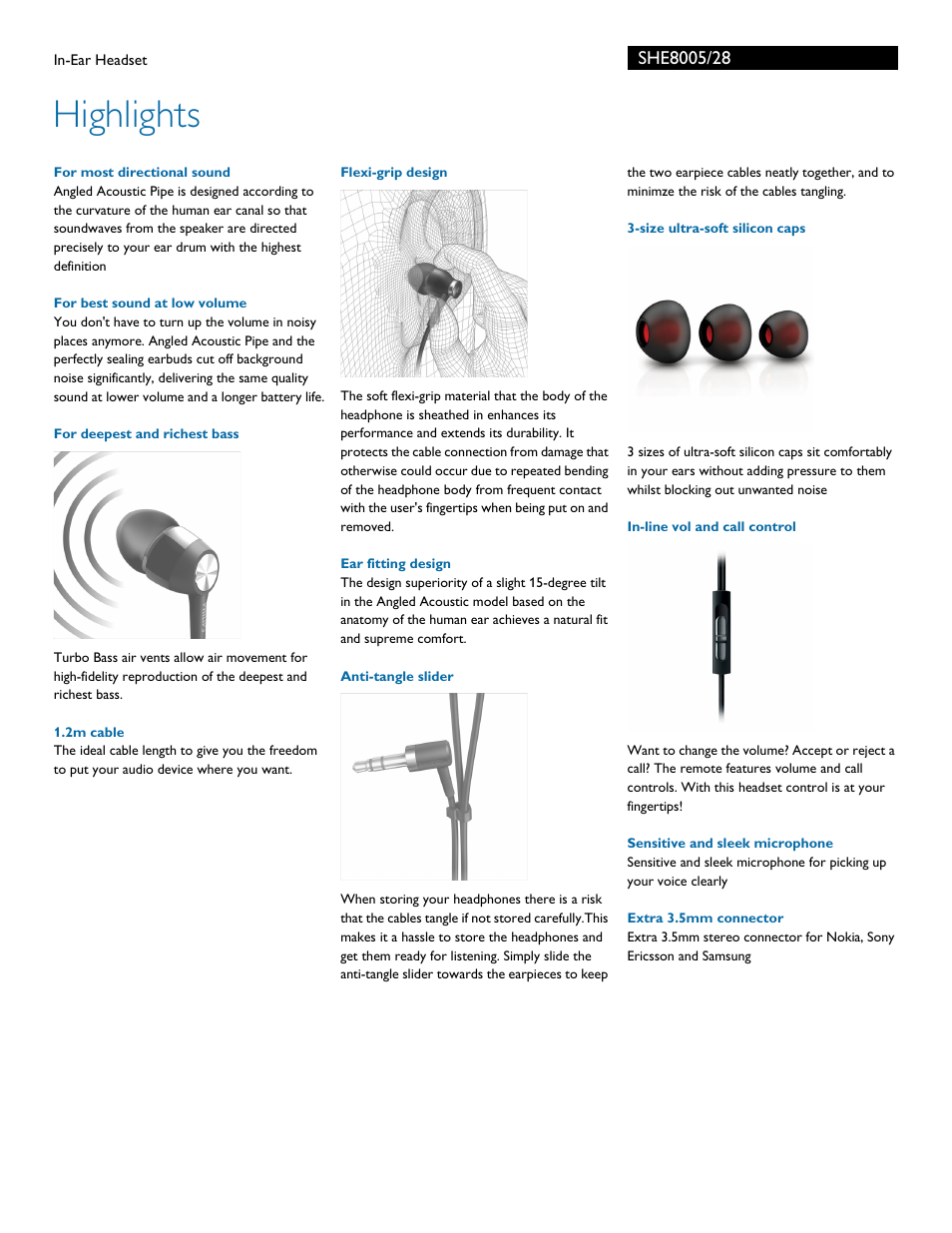 Highlights | Philips SHE8005-28 User Manual | Page 2 / 3