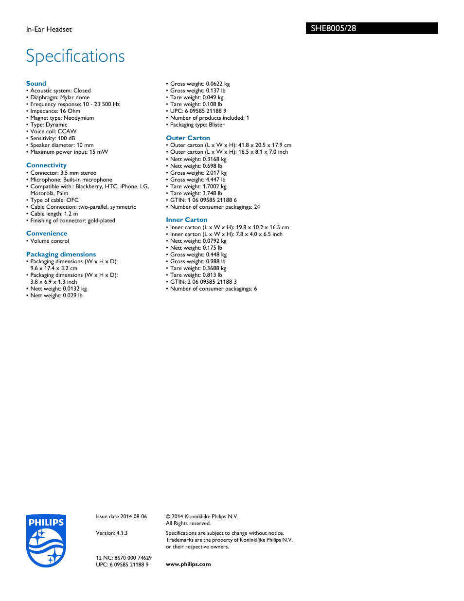 Specifications | Philips SHE8005-28 User Manual | Page 3 / 3