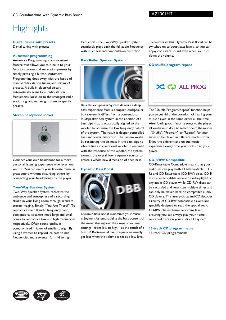 Highlights | Philips AZ1301-17 User Manual | Page 2 / 3