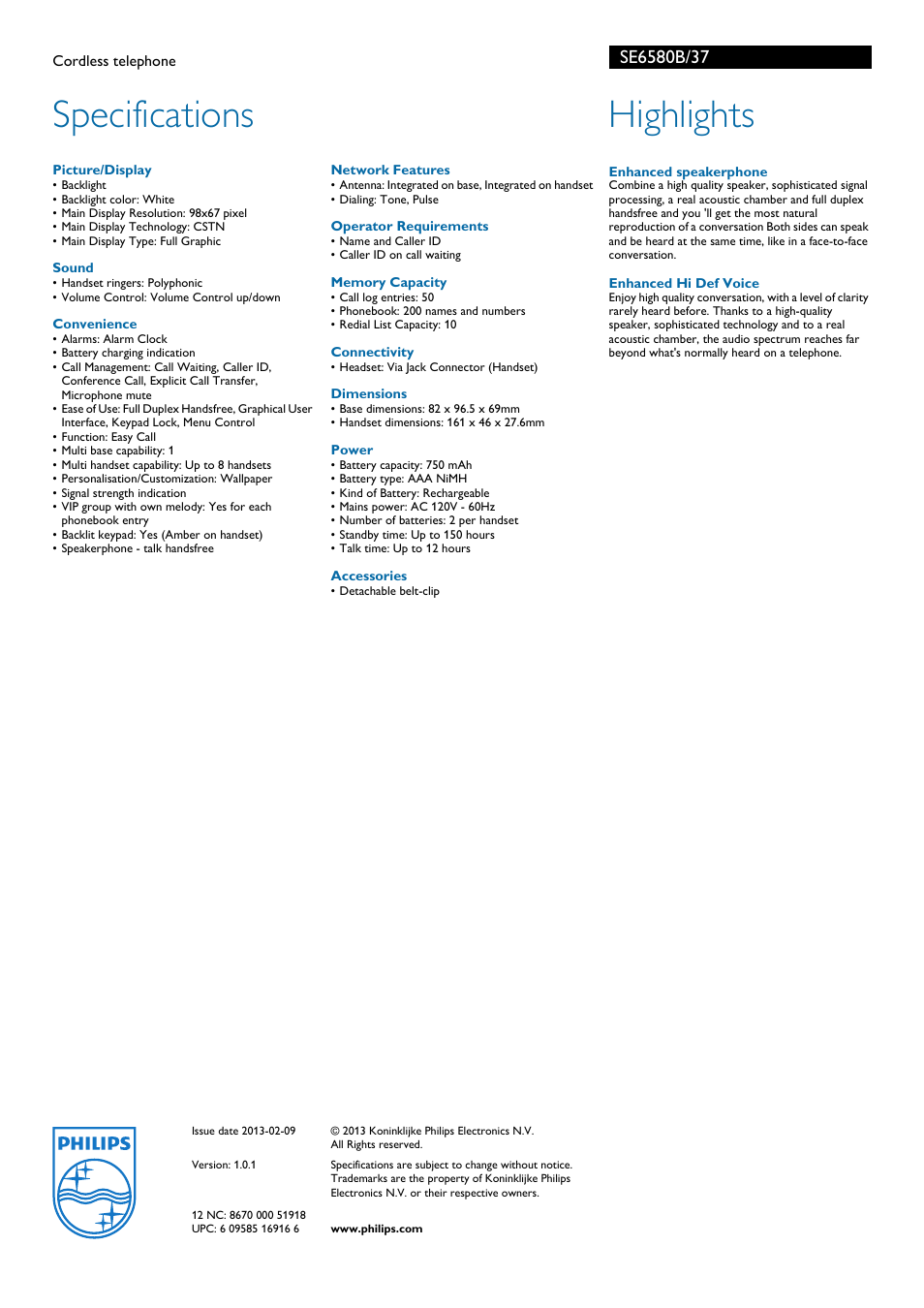 Specifications, Highlights | Philips Cordless telephone SE6580B User Manual | Page 2 / 2