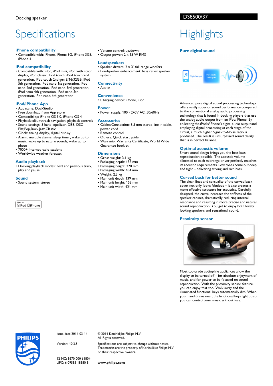 Specifications, Highlights | Philips DS8500-37 User Manual | Page 2 / 2