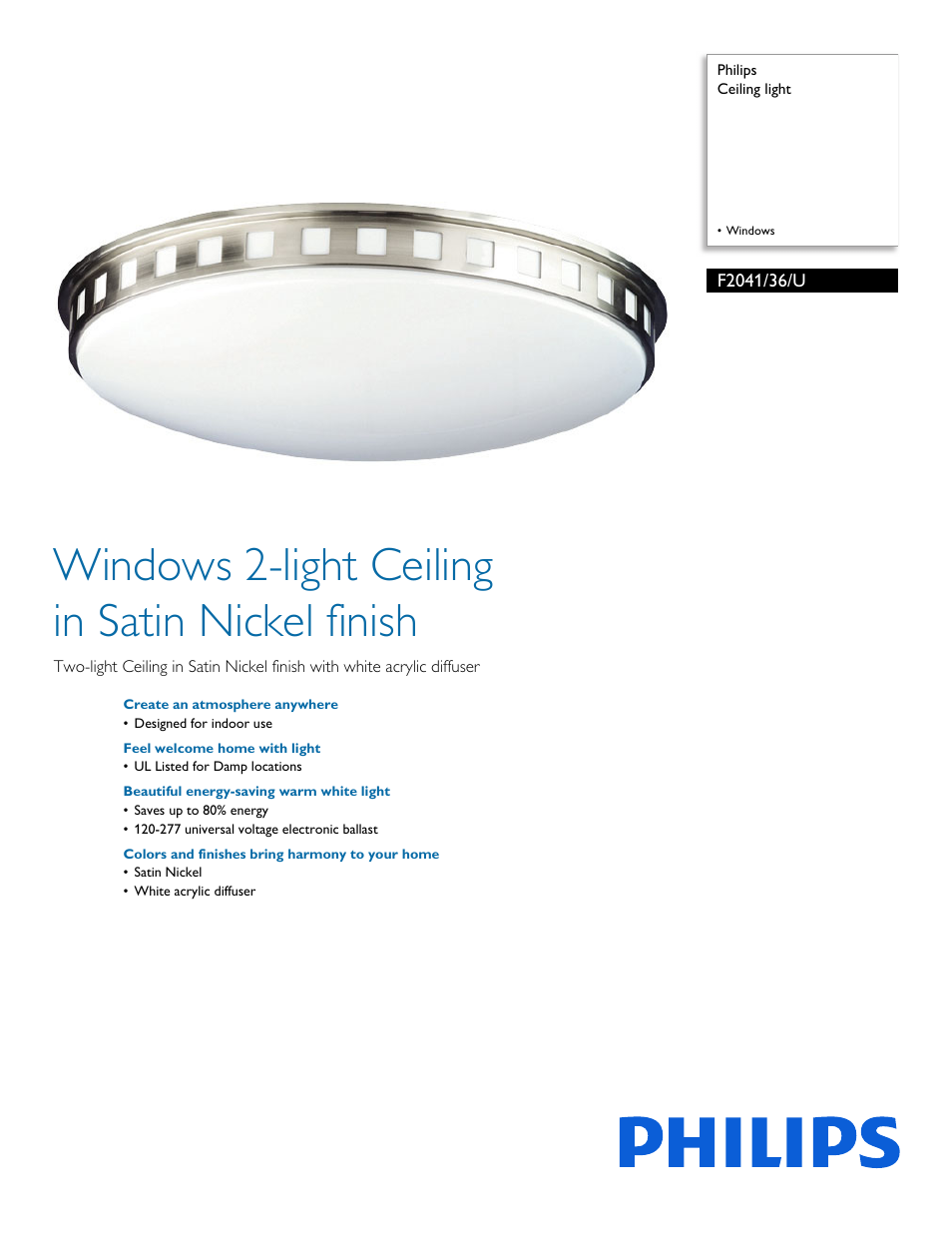 Philips Forecast Ceiling light F2041-36-U Windows User Manual | 2 pages
