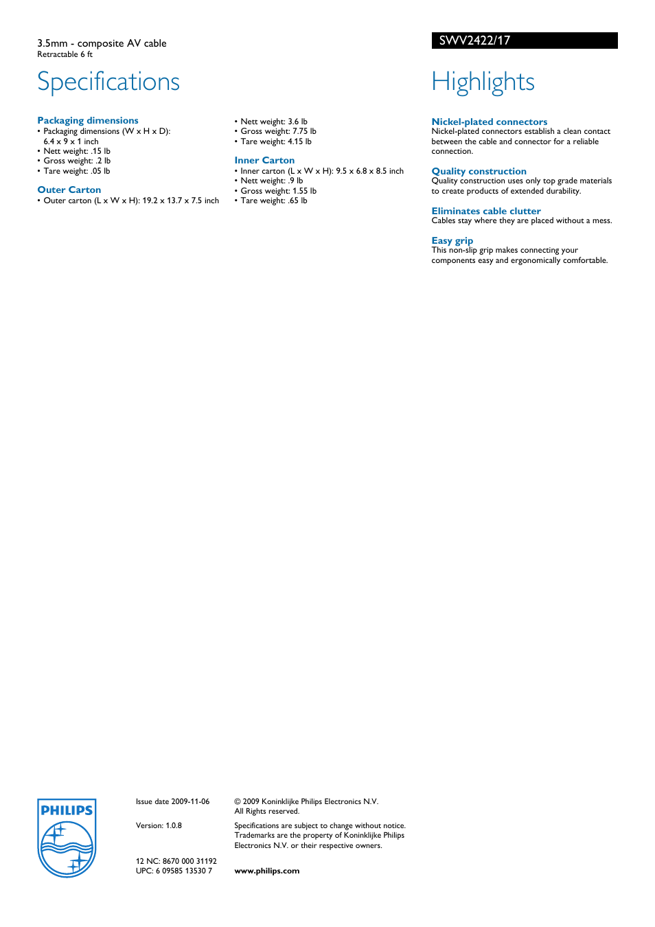 Specifications, Highlights | Philips SWV2422-17 User Manual | Page 2 / 2