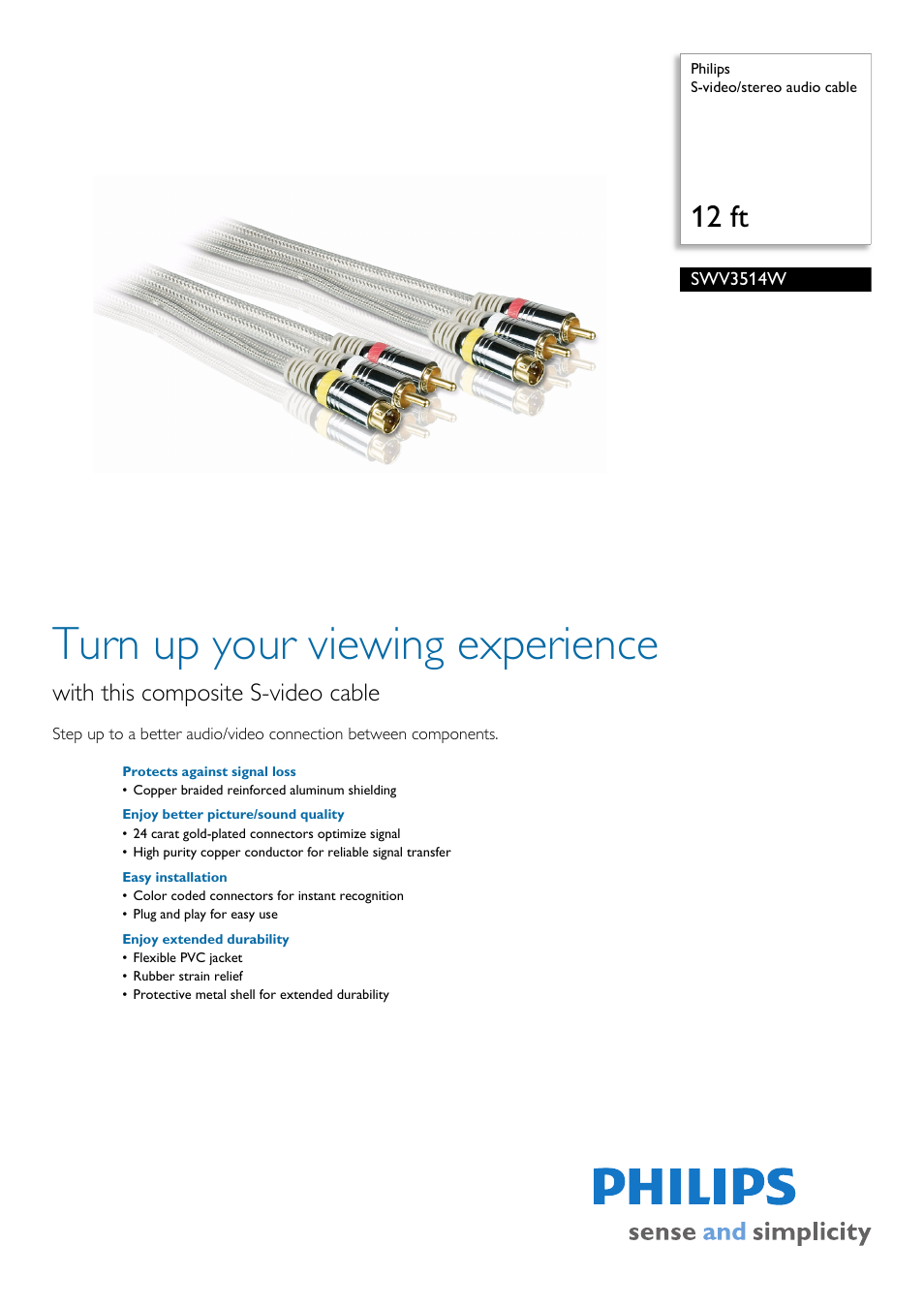 Philips S-video-stereo audio cable SWV3514W 12 ft User Manual | 2 pages