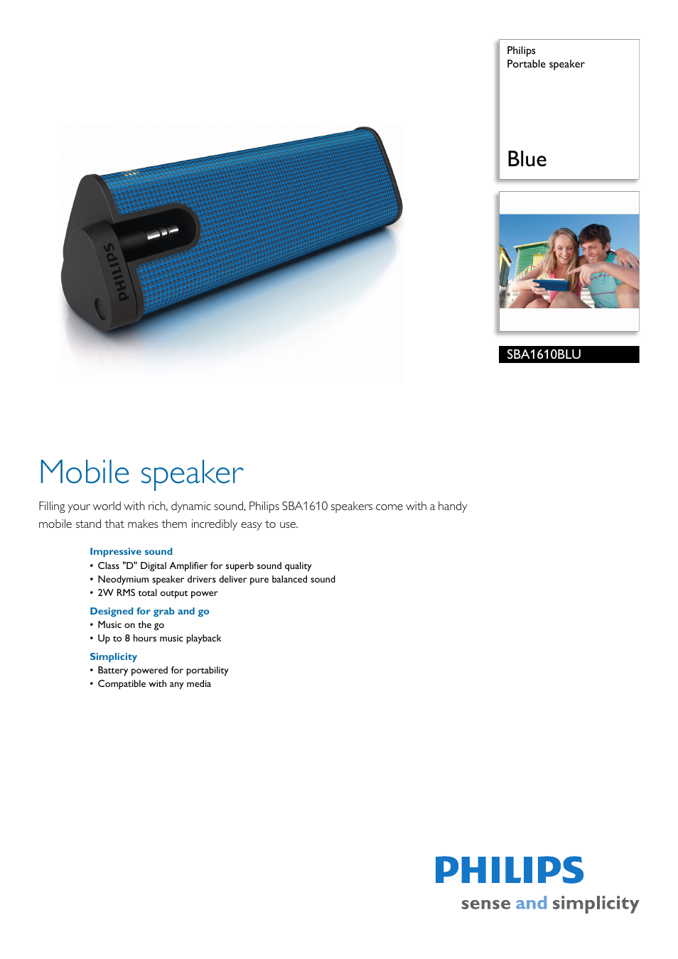 Philips Portable speaker SBA1610BLU Blue User Manual | 2 pages