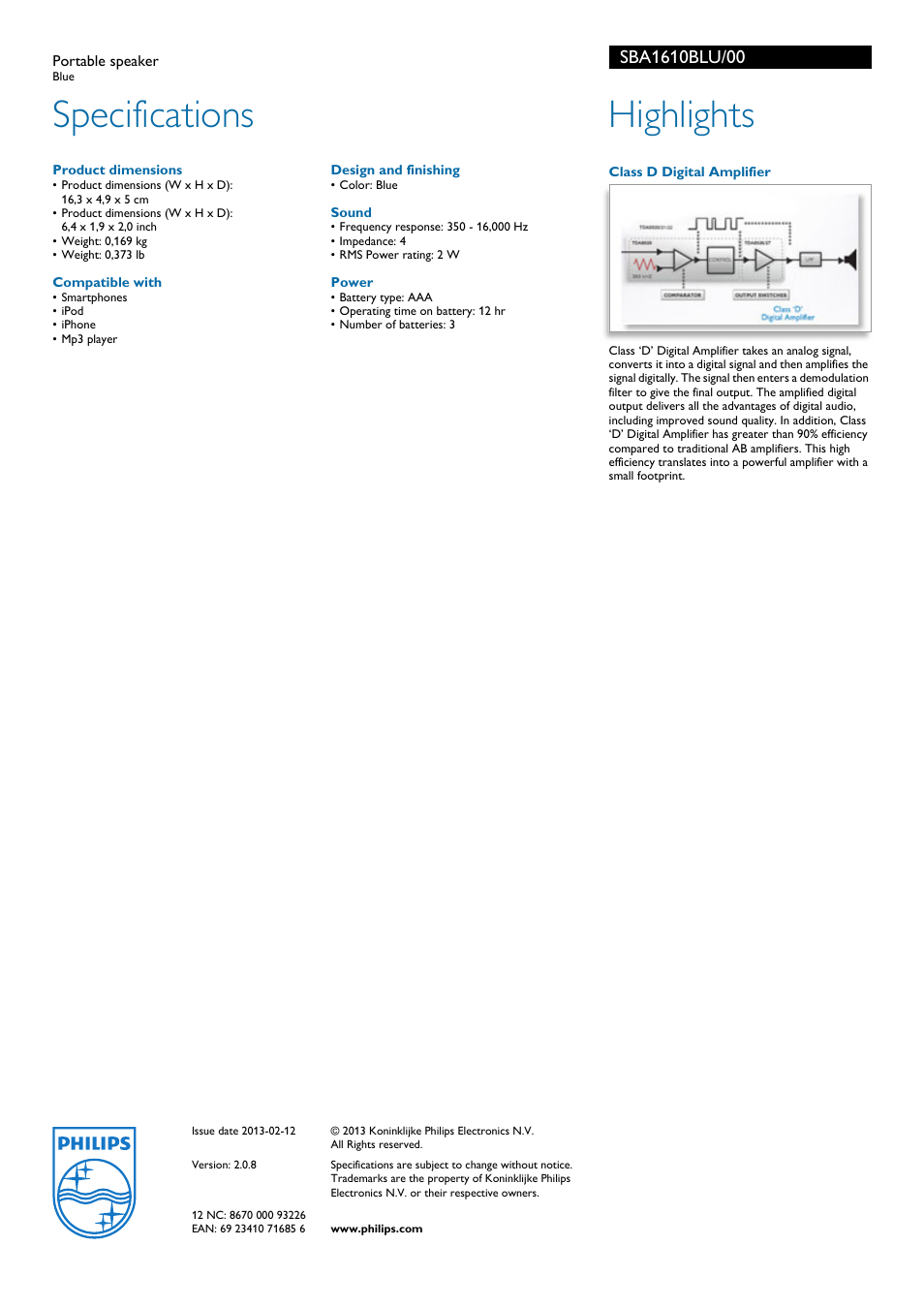 Specifications, Highlights | Philips Portable speaker SBA1610BLU Blue User Manual | Page 2 / 2
