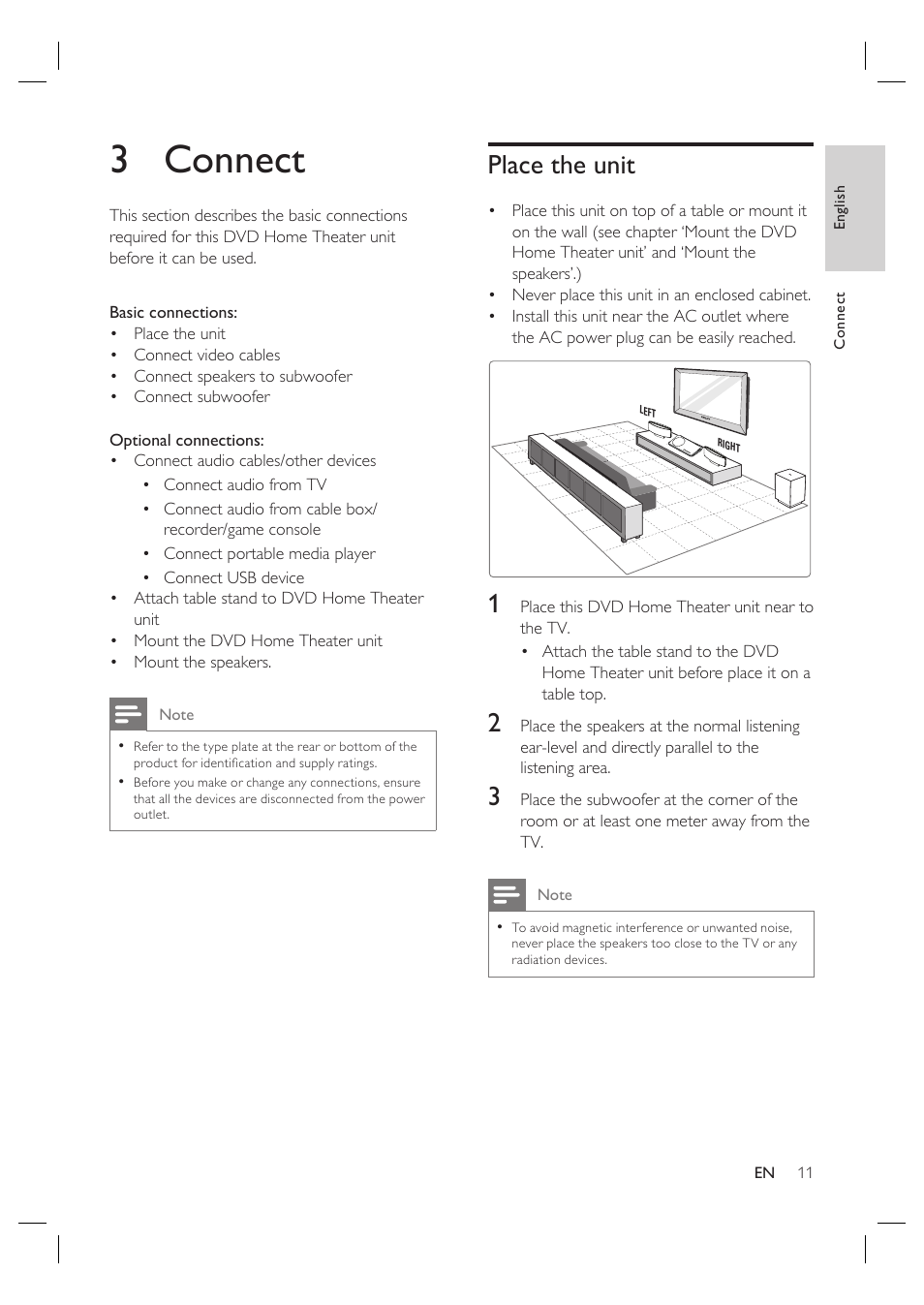 3 connect, Place the unit | Philips HTS6515D-37B User Manual | Page 11 / 52