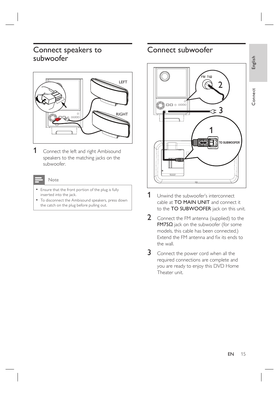 Connect speakers to subwoofer, Connect subwoofer | Philips HTS6515D-37B User Manual | Page 15 / 52