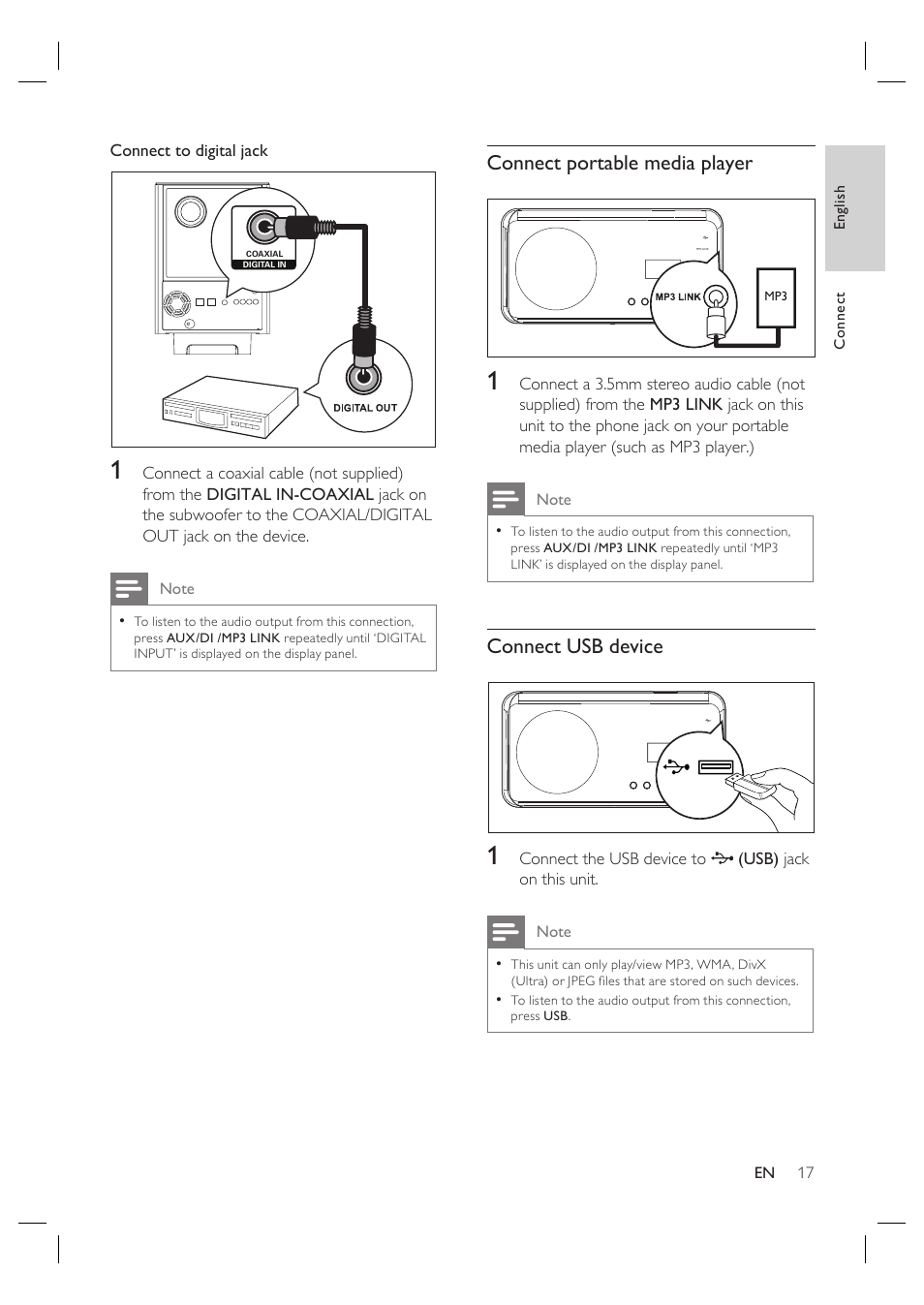 Connect portable media player, Connect usb device | Philips HTS6515D-37B User Manual | Page 17 / 52