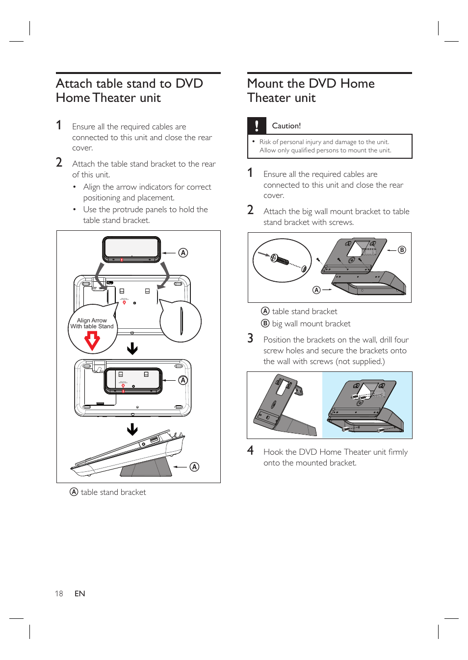 Attach table stand to dvd home theater unit 1, Mount the dvd home theater unit | Philips HTS6515D-37B User Manual | Page 18 / 52