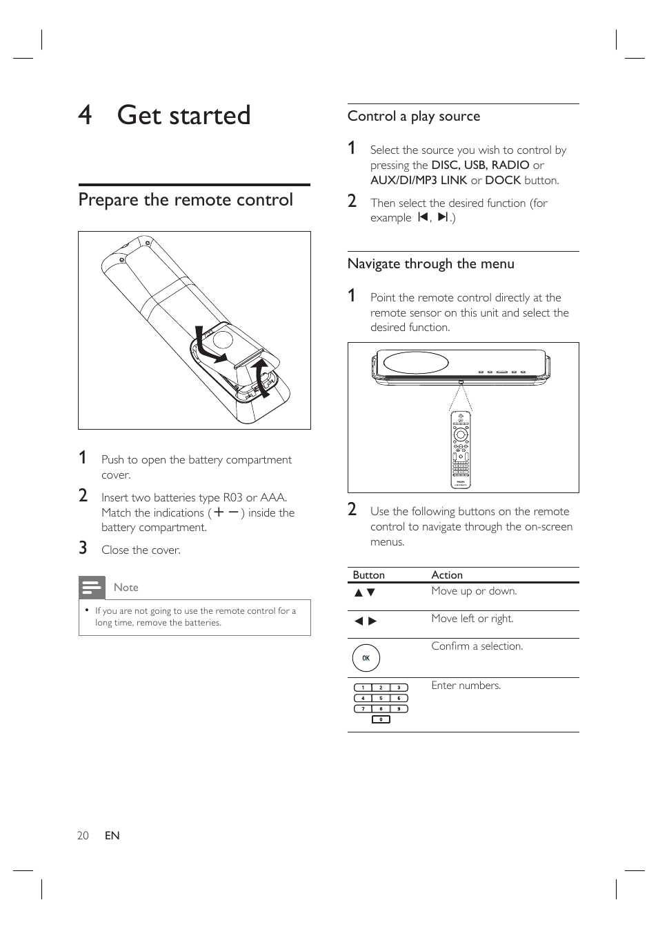 4 get started, Prepare the remote control 1 | Philips HTS6515D-37B User Manual | Page 20 / 52