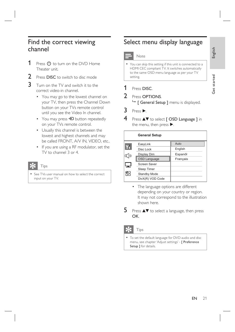 Find the correct viewing channel 1, Select menu display language | Philips HTS6515D-37B User Manual | Page 21 / 52