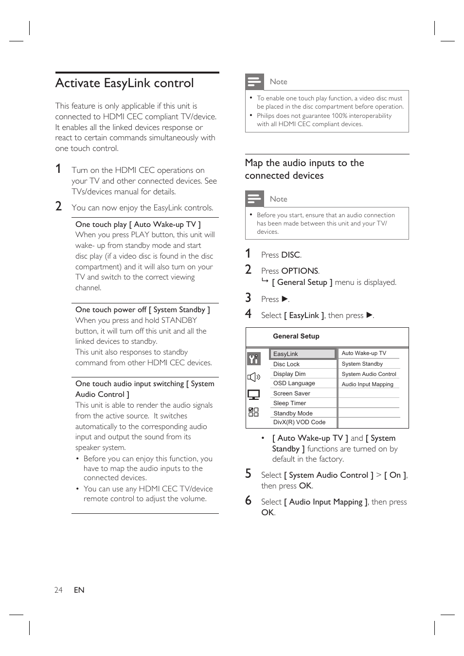 Activate easylink control, Map the audio inputs to the connected devices | Philips HTS6515D-37B User Manual | Page 24 / 52