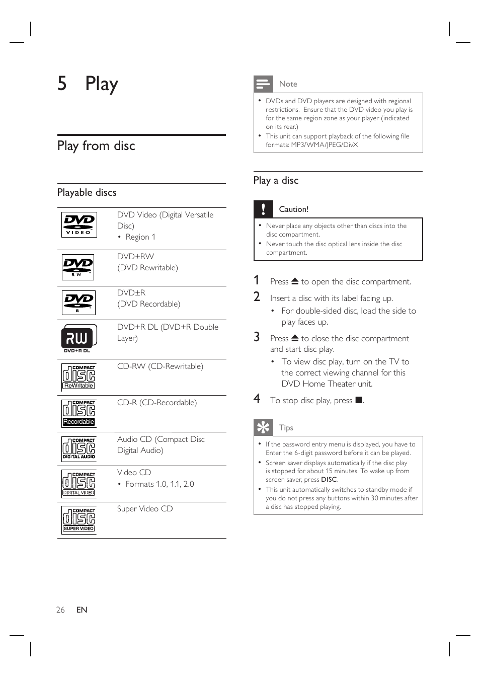 5 play, Play from disc | Philips HTS6515D-37B User Manual | Page 26 / 52