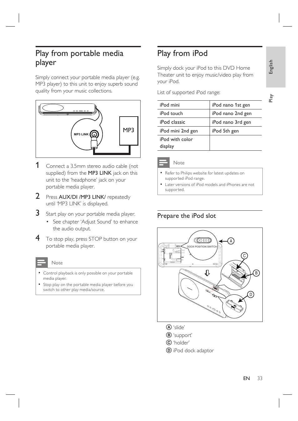 Play from portable media player, Play from ipod, Prepare the ipod slot | Philips HTS6515D-37B User Manual | Page 33 / 52