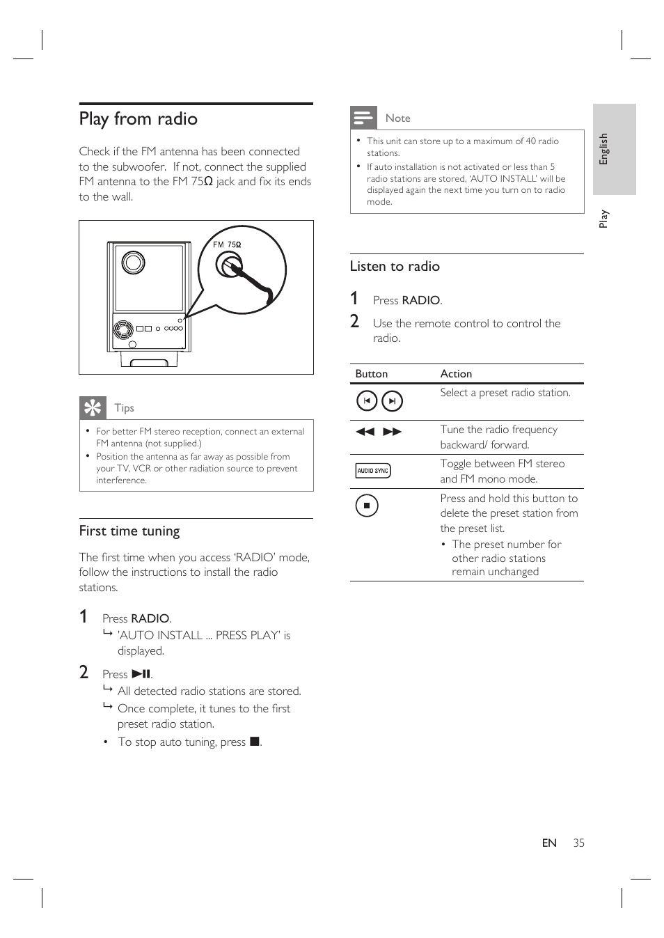 Play from radio | Philips HTS6515D-37B User Manual | Page 35 / 52