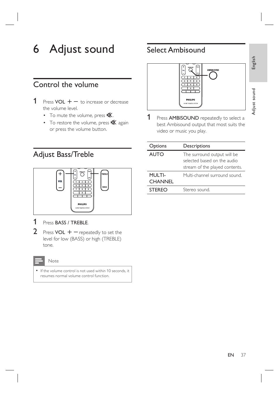 6 adjust sound, Control the volume 1, Adjust bass/treble 1 | Select ambisound 1 | Philips HTS6515D-37B User Manual | Page 37 / 52