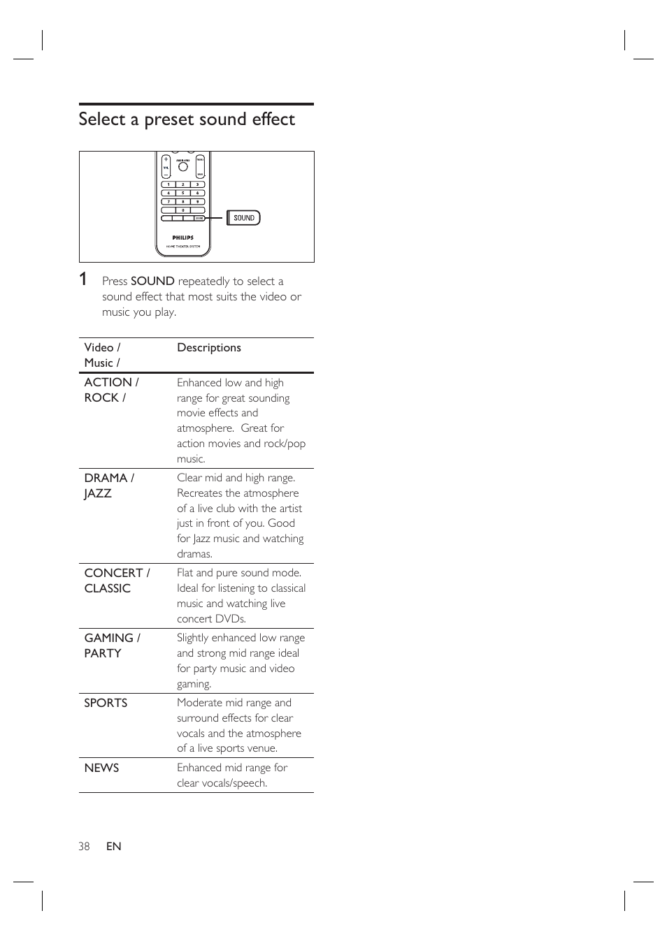 Select a preset sound effect 1 | Philips HTS6515D-37B User Manual | Page 38 / 52