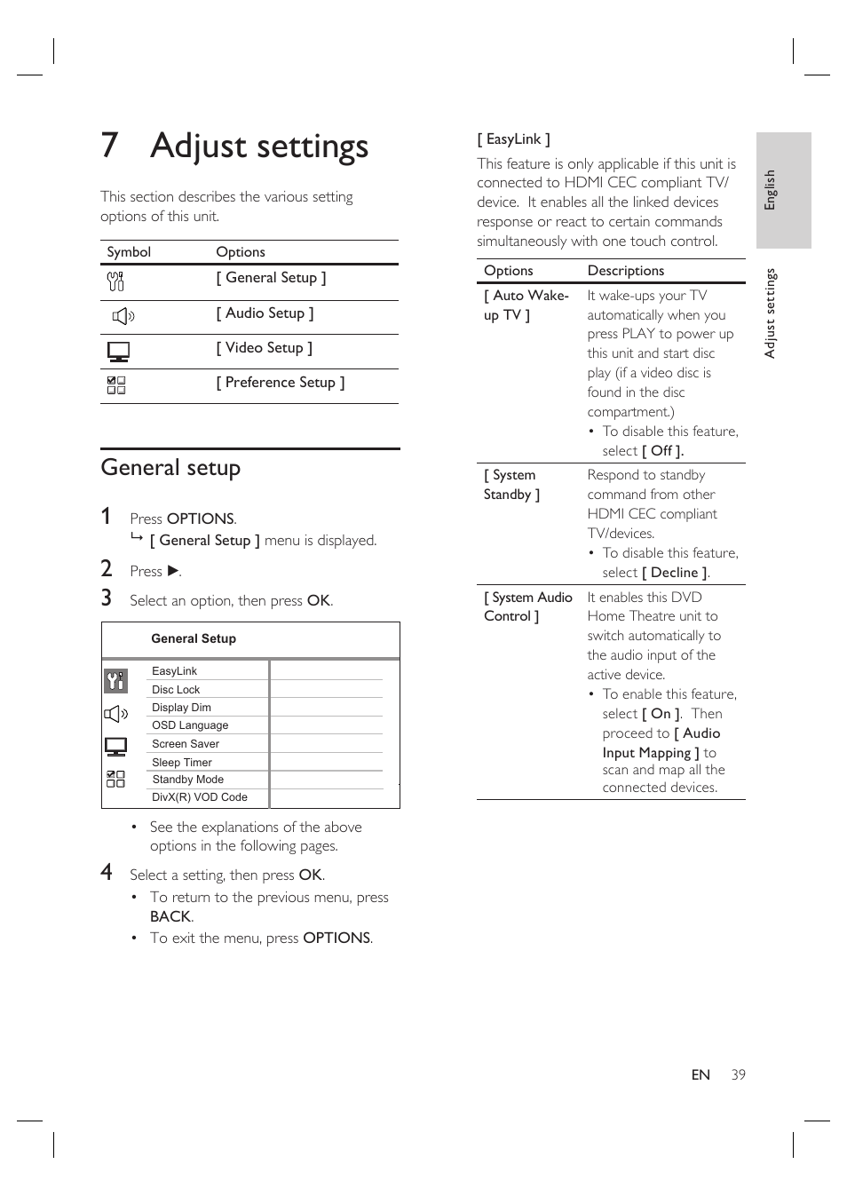 7 adjust settings, General setup 1 | Philips HTS6515D-37B User Manual | Page 39 / 52