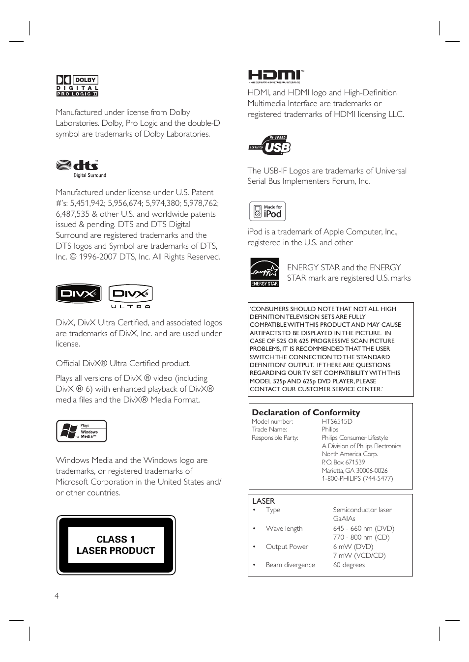 Class 1 laser product | Philips HTS6515D-37B User Manual | Page 4 / 52