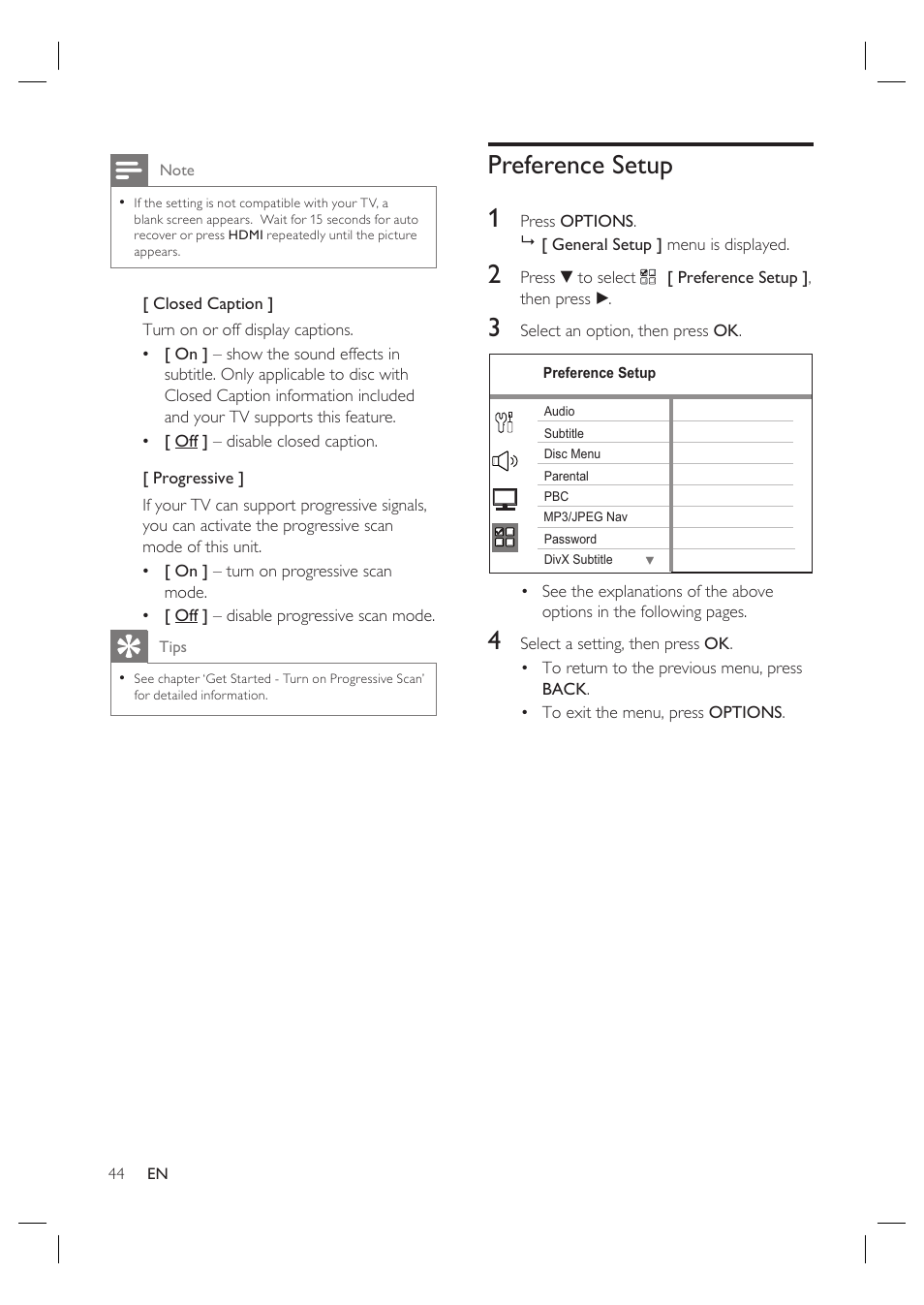 Preference setup 1 | Philips HTS6515D-37B User Manual | Page 44 / 52