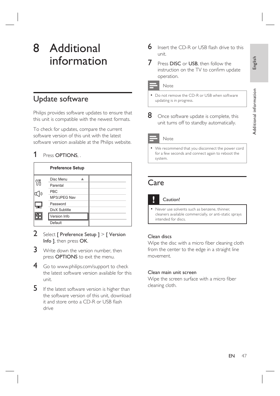 8 additional information, Update software, Care | Philips HTS6515D-37B User Manual | Page 47 / 52