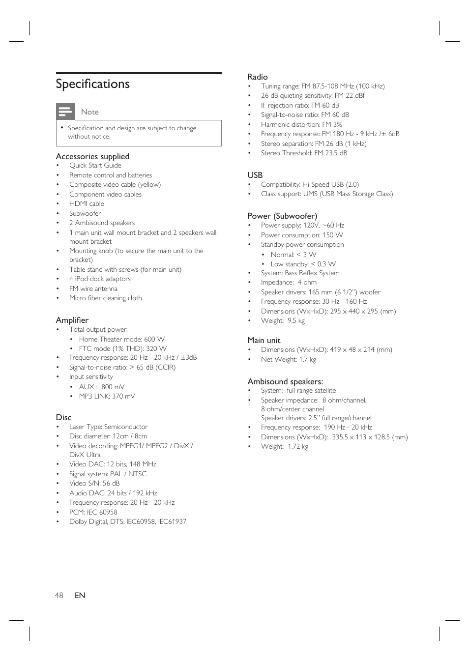 Specifi cations | Philips HTS6515D-37B User Manual | Page 48 / 52