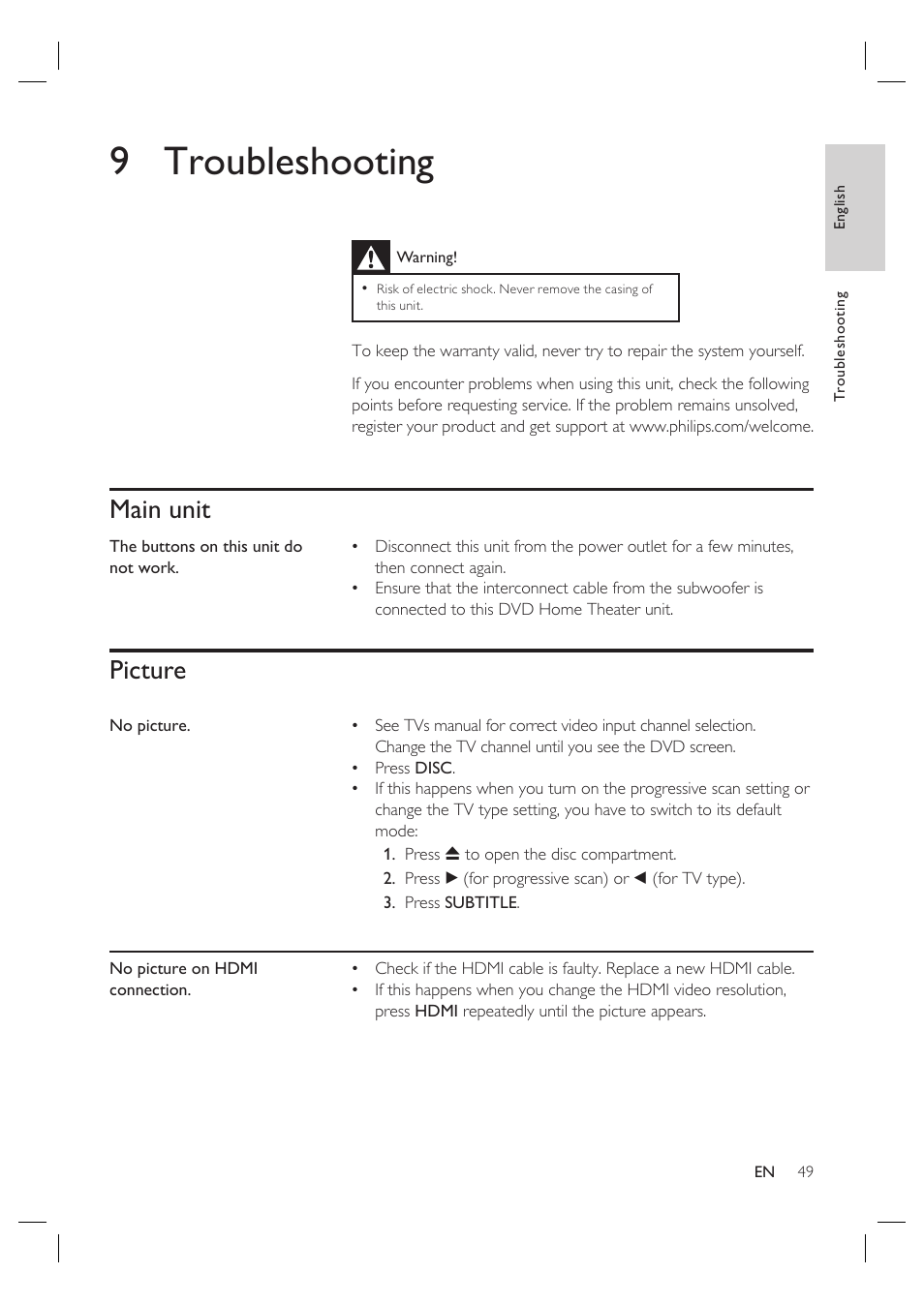 9 troubleshooting, Main unit, Picture | Philips HTS6515D-37B User Manual | Page 49 / 52