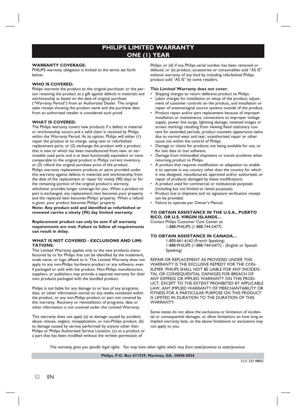 Philips limited warranty one (1) year | Philips HTS6515D-37B User Manual | Page 52 / 52