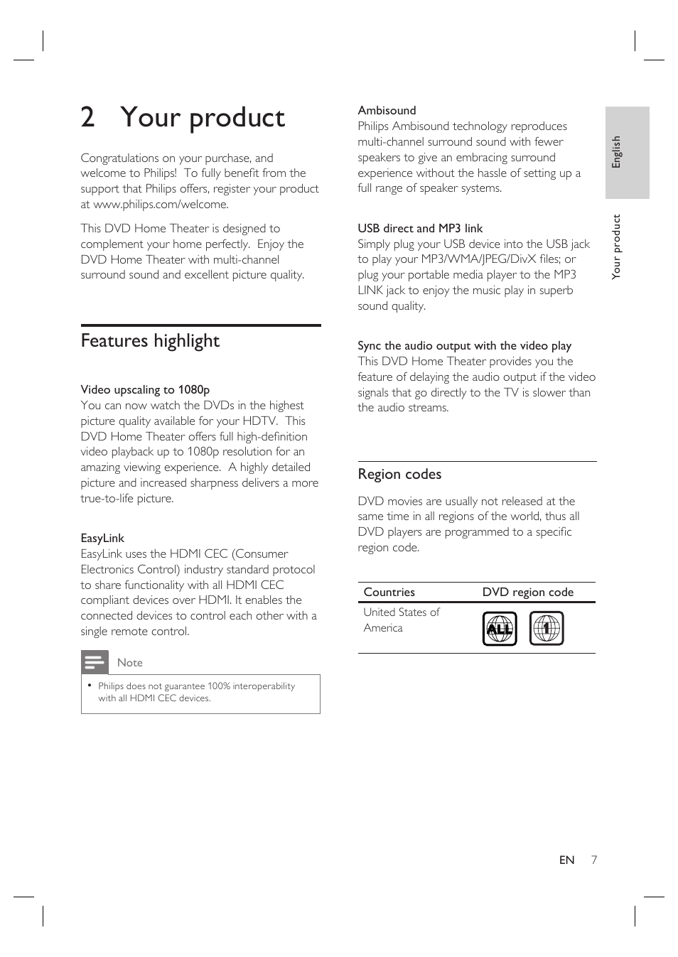 2 your product, Features highlight | Philips HTS6515D-37B User Manual | Page 7 / 52
