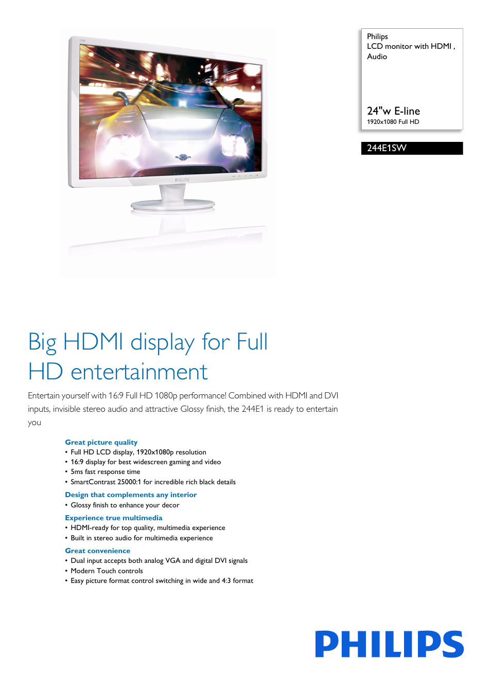 Philips 244E1SW-00 User Manual | 3 pages