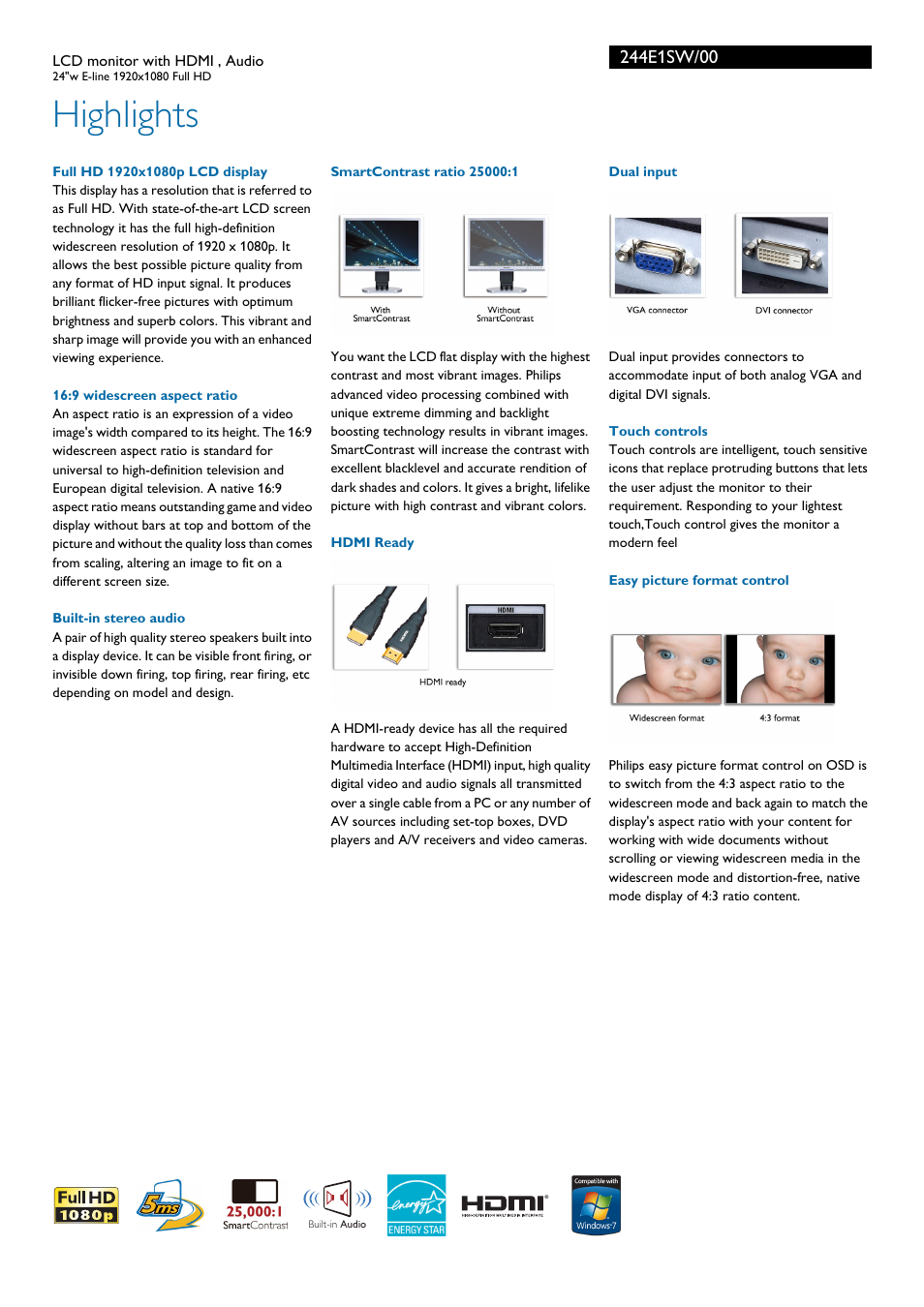 Highlights | Philips 244E1SW-00 User Manual | Page 2 / 3