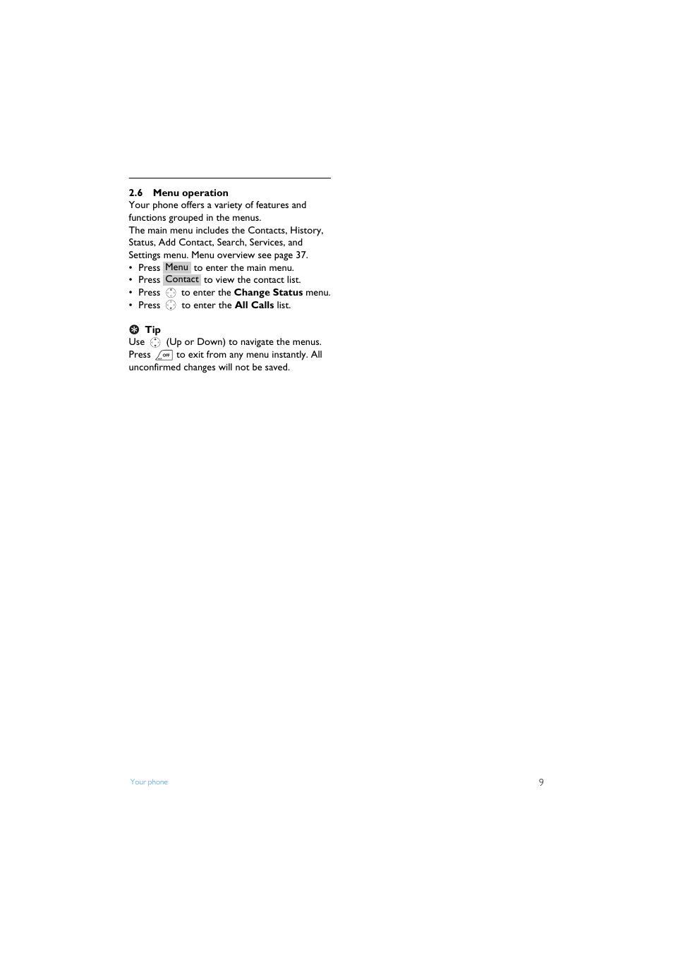 6 menu operation, Menu operation | Philips Internet-DECT phone VOIP8411B User Manual | Page 11 / 50