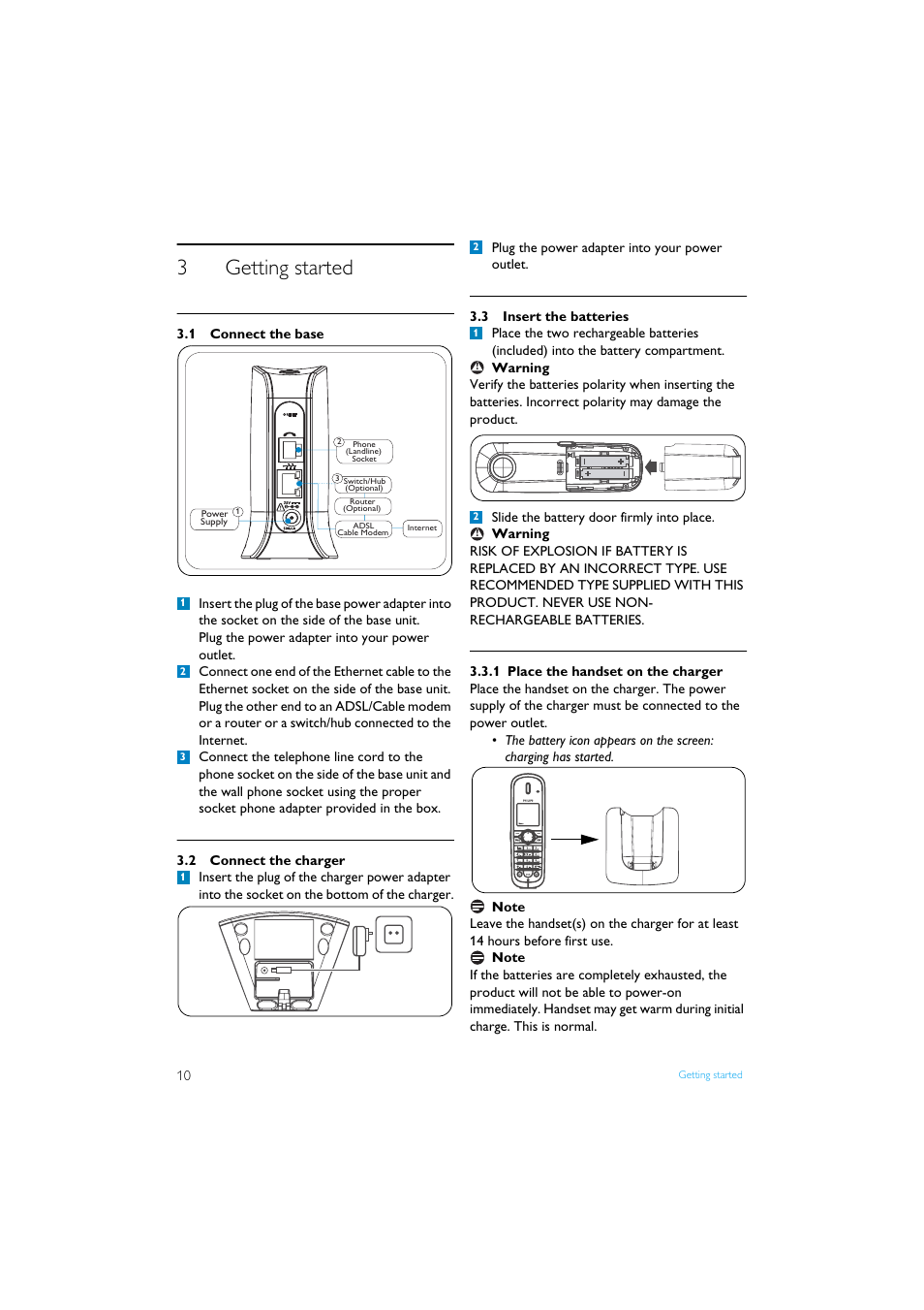 3 getting started, 1 connect the base, 2 connect the charger | 3 insert the batteries, 1 place the handset on the charger, Getting started, Connect the charger, Insert the batteries, 3getting started | Philips Internet-DECT phone VOIP8411B User Manual | Page 12 / 50