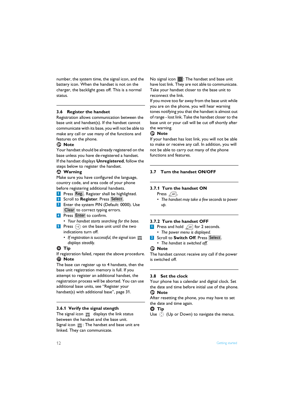 6 register the handset, 1 verify the signal stength, 7 turn the handset on/off | 1 turn the handset on, 2 turn the handset off, 8 set the clock, Register the handset, Turn the handset on/off, Set the clock | Philips Internet-DECT phone VOIP8411B User Manual | Page 14 / 50