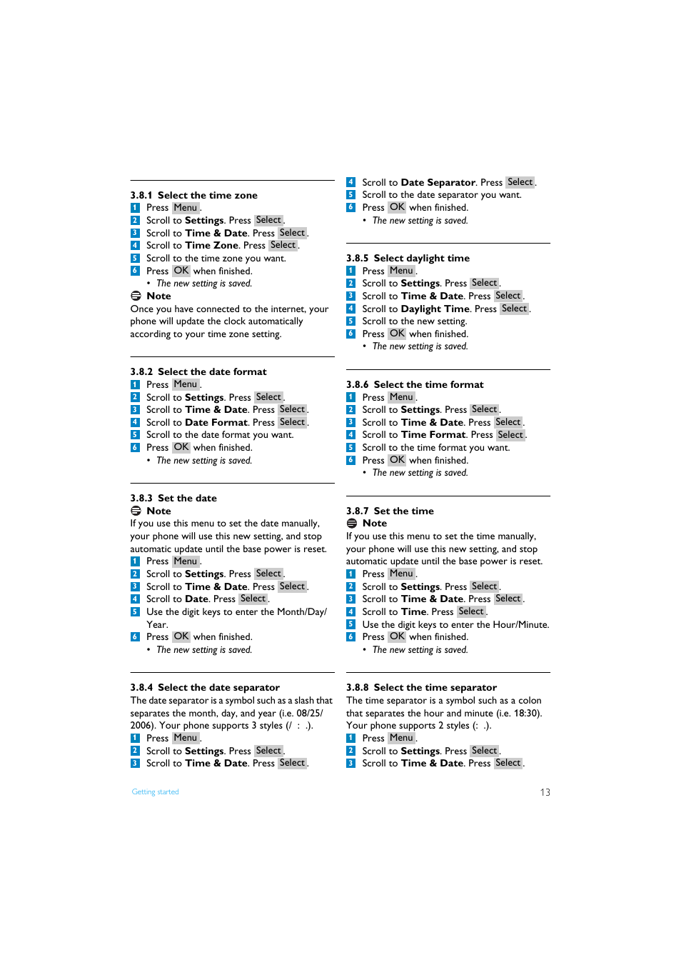 1 select the time zone, 2 select the date format, 3 set the date | 4 select the date separator, 5 select daylight time, 6 select the time format, 7 set the time, 8 select the time separator | Philips Internet-DECT phone VOIP8411B User Manual | Page 15 / 50