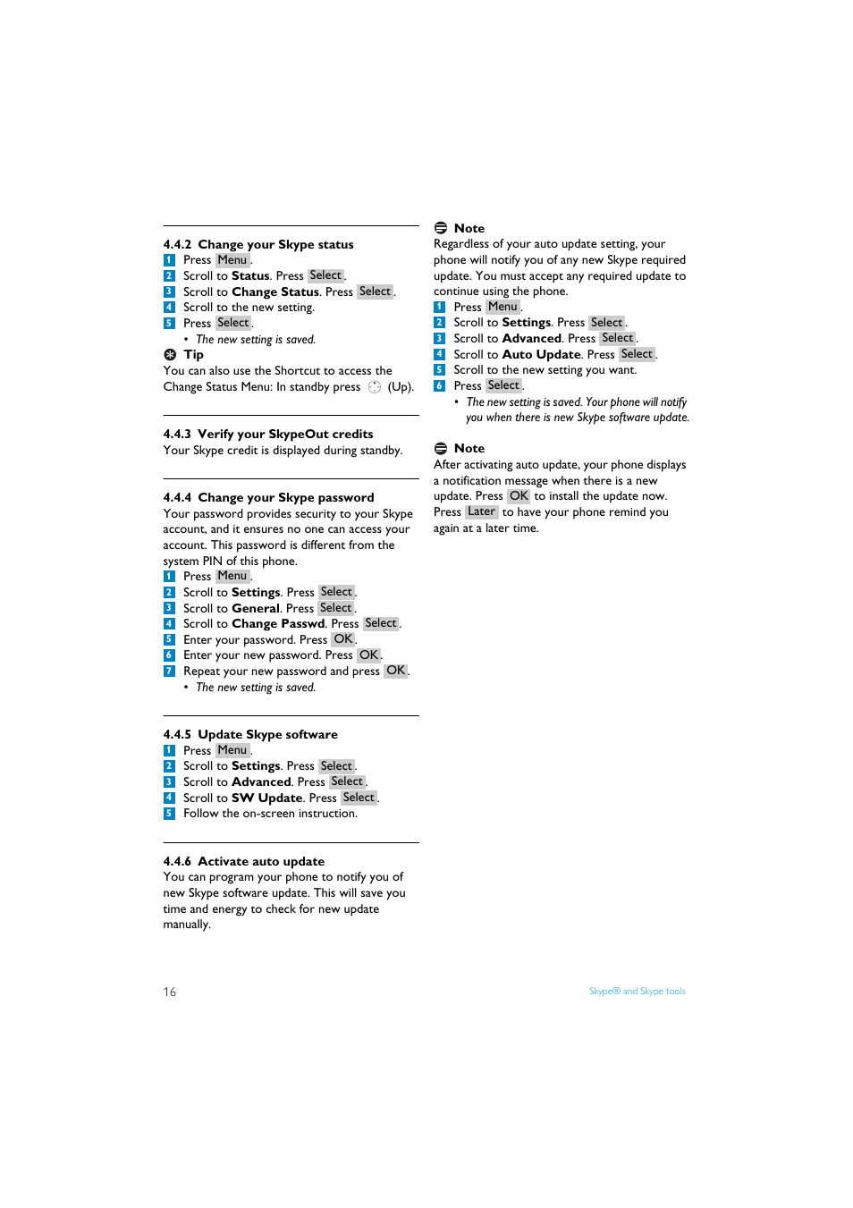 2 change your skype status, 3 verify your skypeout credits, 4 change your skype password | 5 update skype software, 6 activate auto update | Philips Internet-DECT phone VOIP8411B User Manual | Page 18 / 50